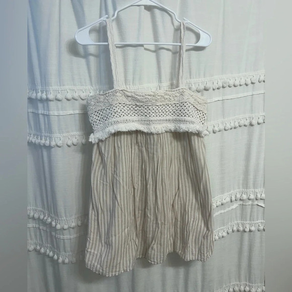 Zara 100% cotton dress / top w crochet detail beige and cream vertical stripes L - Picture 1 of 11